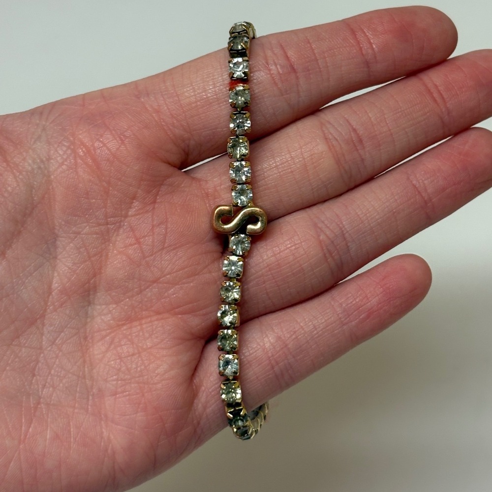Gold Tone Rhinestone Initial S Tennis Bracelet Personalized Charm